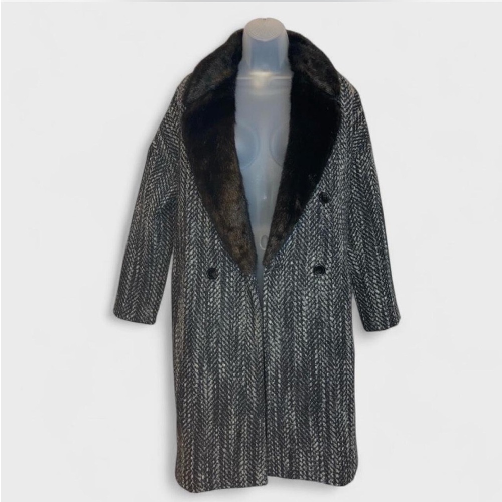 H&M Long Wool Blend Coat Faux Fur Lapel Size 4